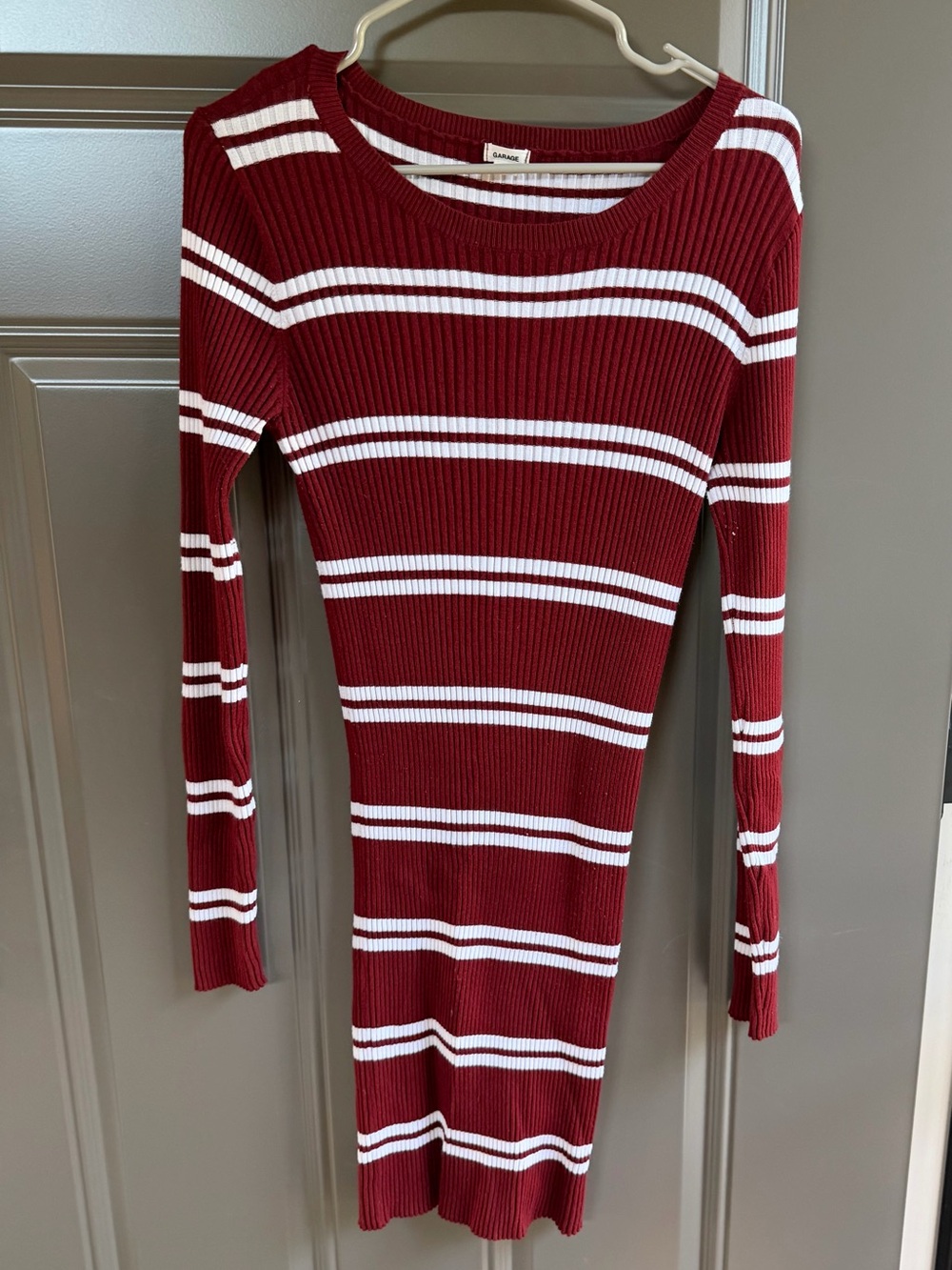 Garage Ribbed Long-Sleeve Stripe Dress - Burgundy/White, Size Large